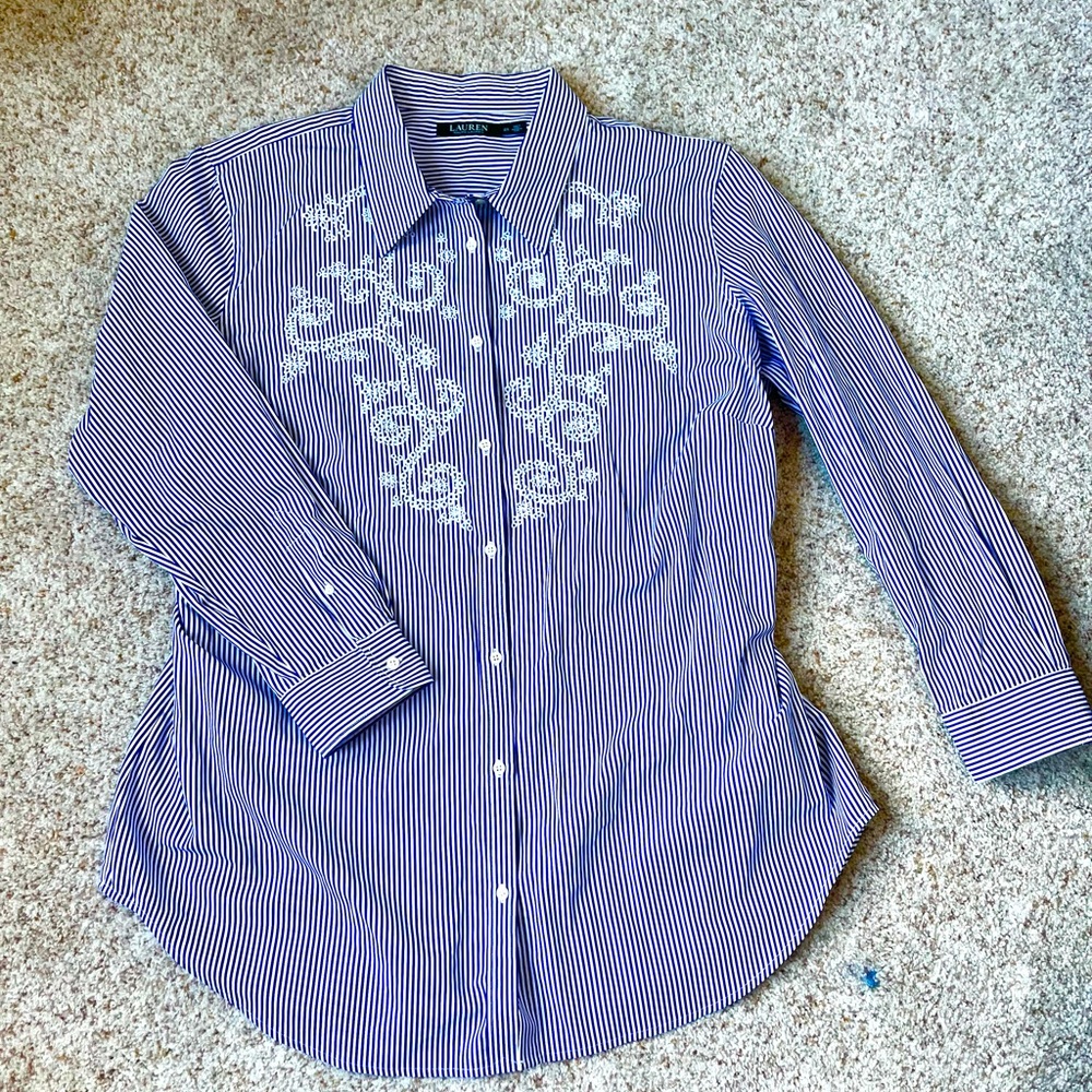 LAUREN RALPH LAUREN Size 2X Women’s Blue and White Stripe Button Down Blouse